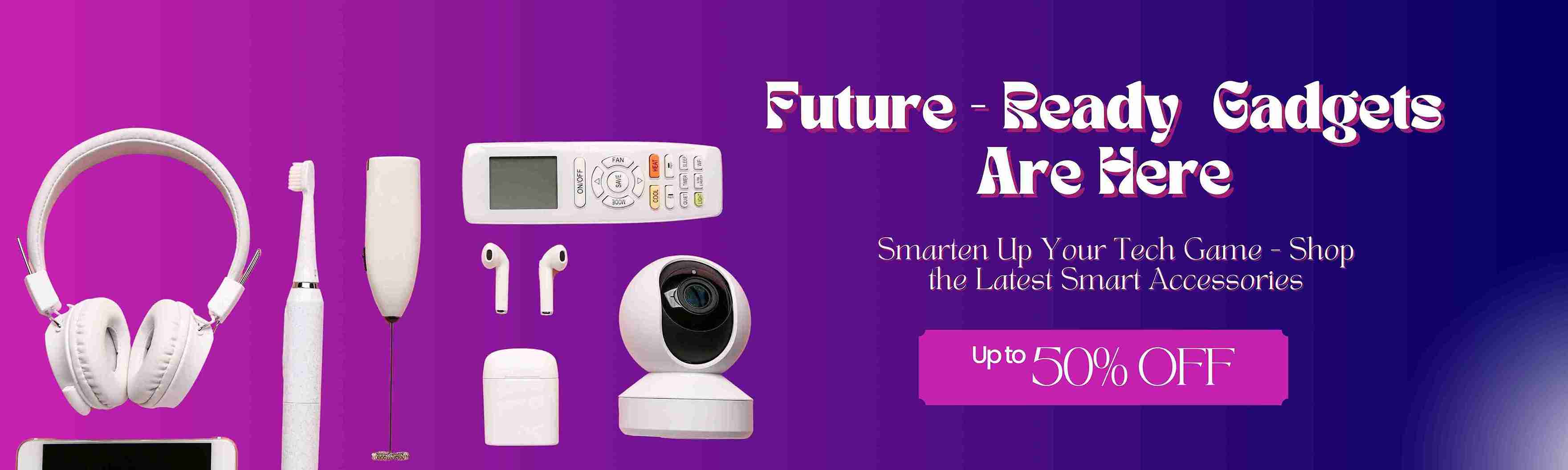 Banner || Banner featuring modern gadgets including wireless earphones, a sleek tablet, and a smartphone, showcasing latest tech devices.